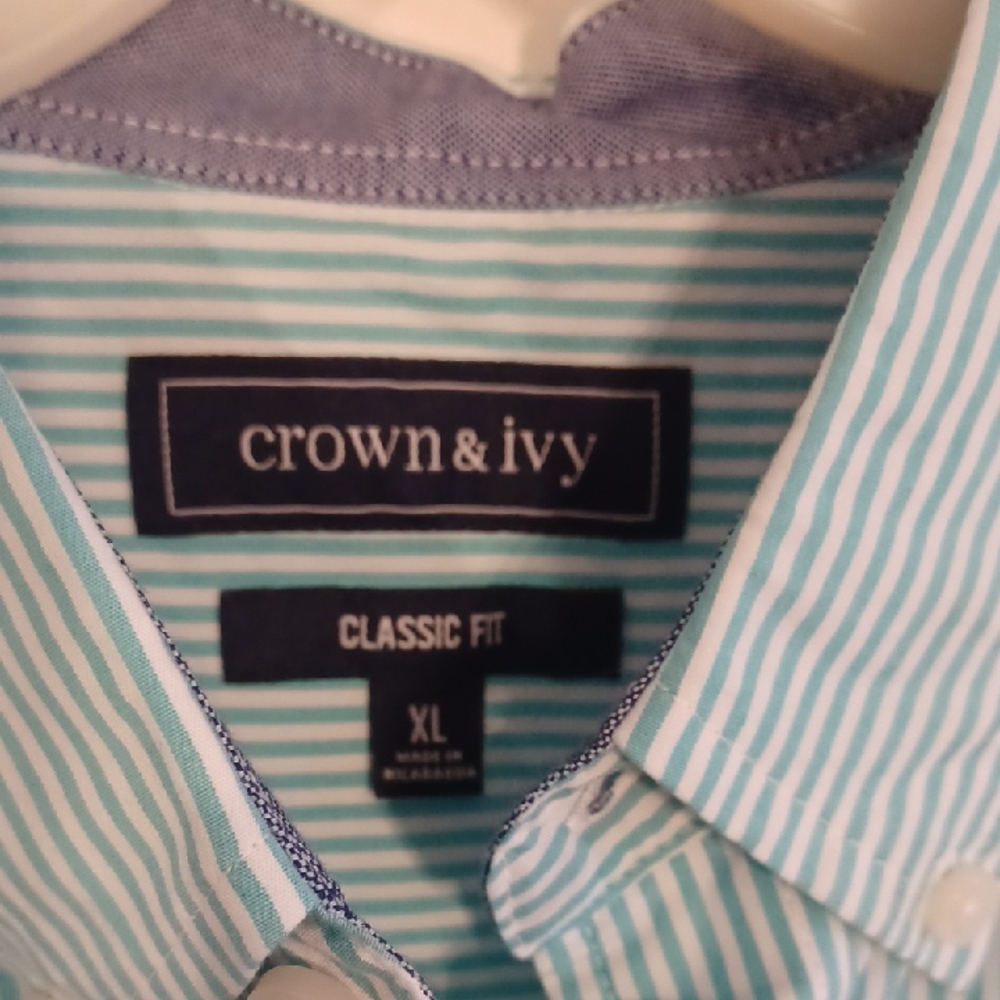 Crown & Ivy Men's Aqua Striped Button Down Shirt Xlarge Motion Fit - Picture 2 of 5